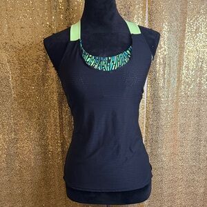 ZeroXposur comet UPF 30+ 2 in 1 Tankini top Green and blue patterned inner layer